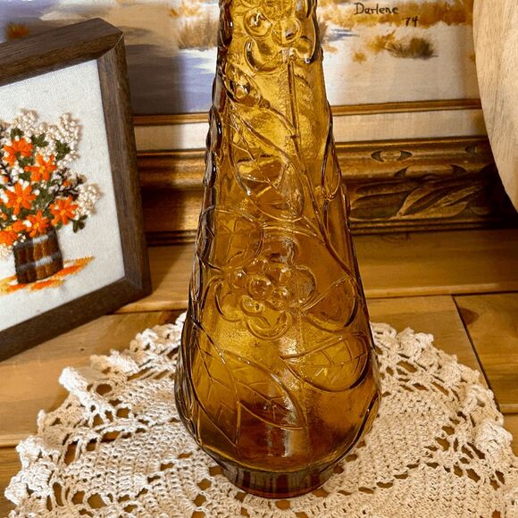 Vintage Amber Glass Italian Empoli Decanter - Grapes & Cherries Design - MCM Gen - Picture 9 of 9